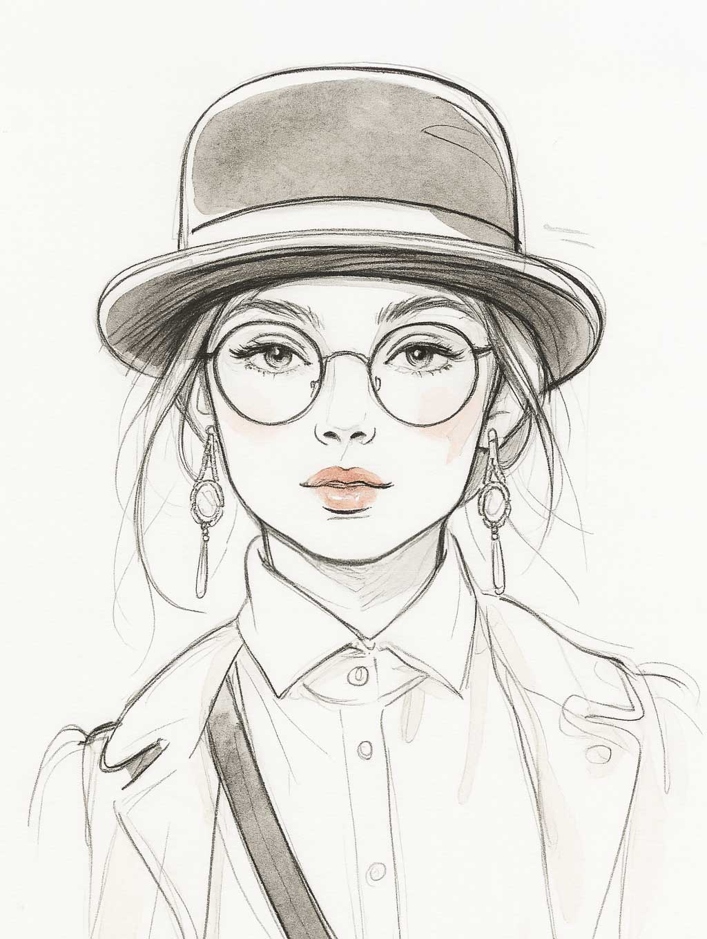 Une femme porte des lunettes rondes, des boucles d'oreilles rondes, et un chapeau melon. Ces accessoires viennent adoucir les ligne de son visage. 