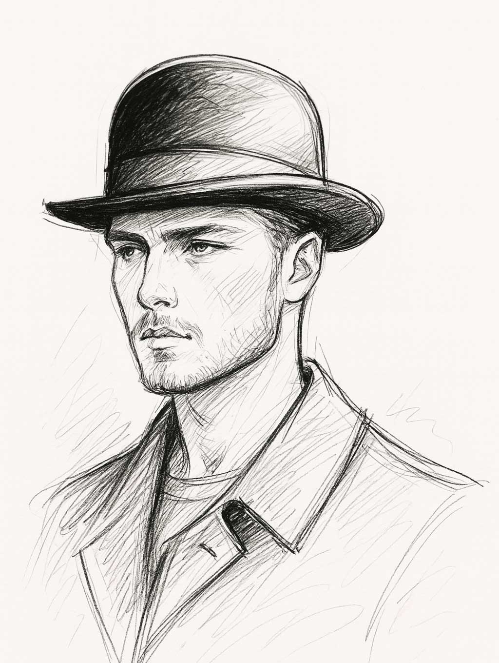 Un homme avec un visage carré (mâchoire anguleuse) porte un chapeau melon