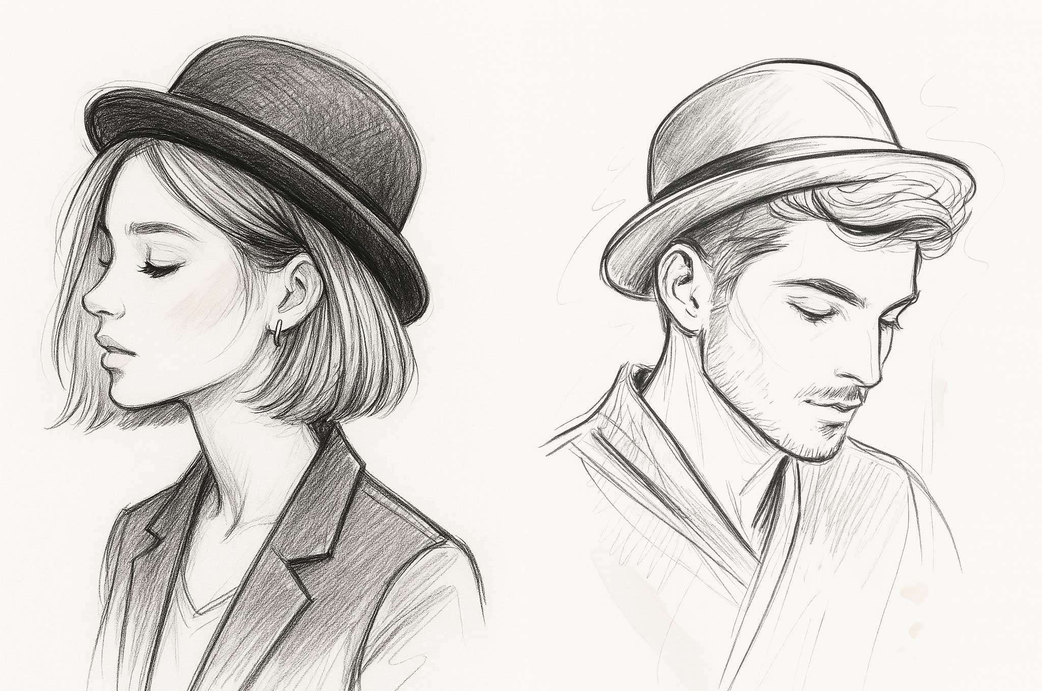 Un homme et une femme portent un chapeau melon, haut sur la tête