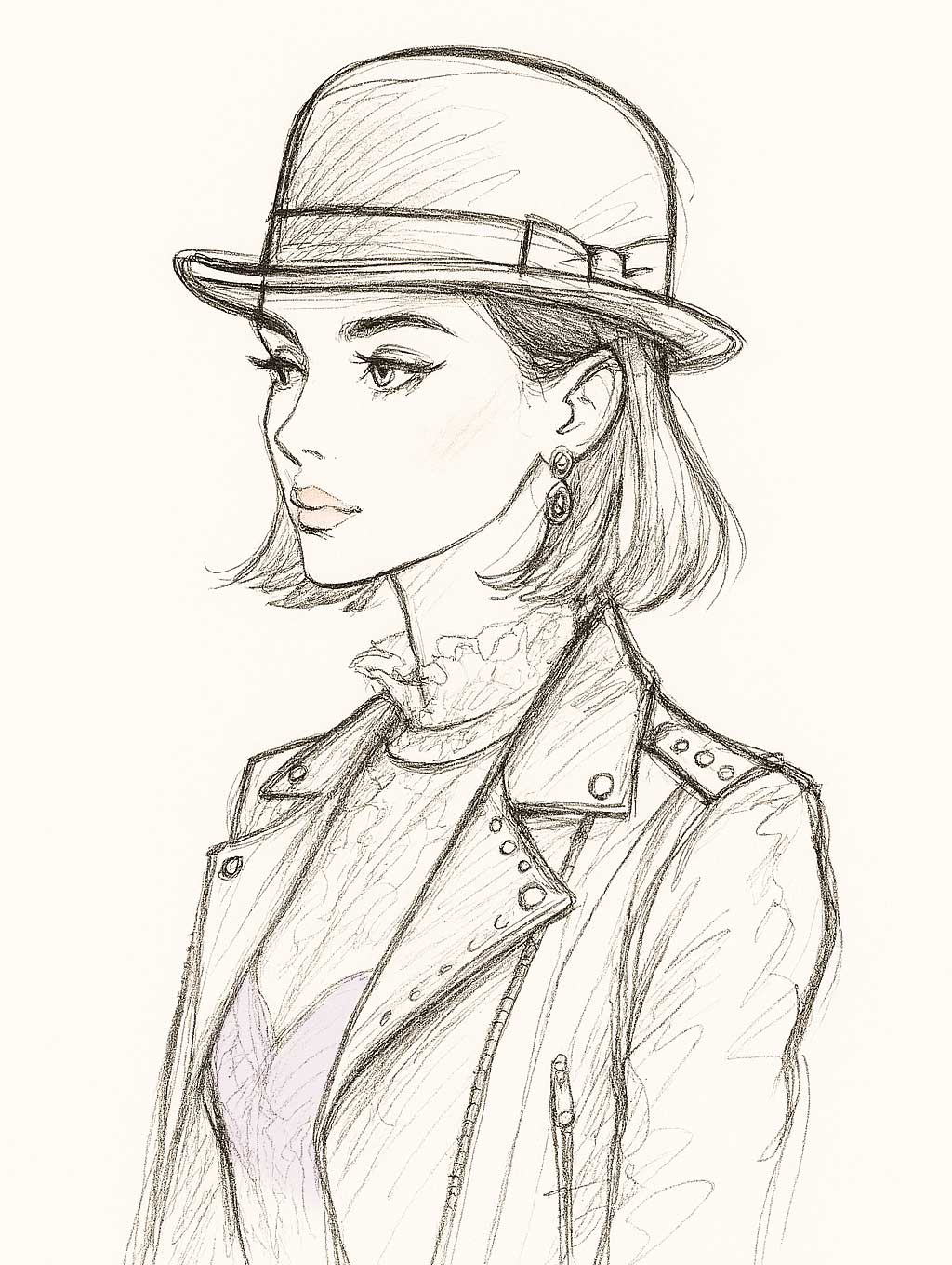 Une femme porte des lunettes rondes, des boucles d'oreilles rondes, et un chapeau melon. Ces accessoires viennent adoucir les ligne de son visage. 